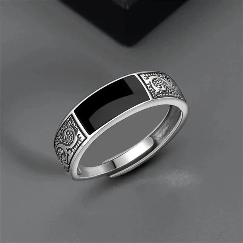 Trendy Vintage 925 Silver Ring for Men Jewelry Black Rectangle Retro Dragon Pattern Ring Male Rings Adjustable