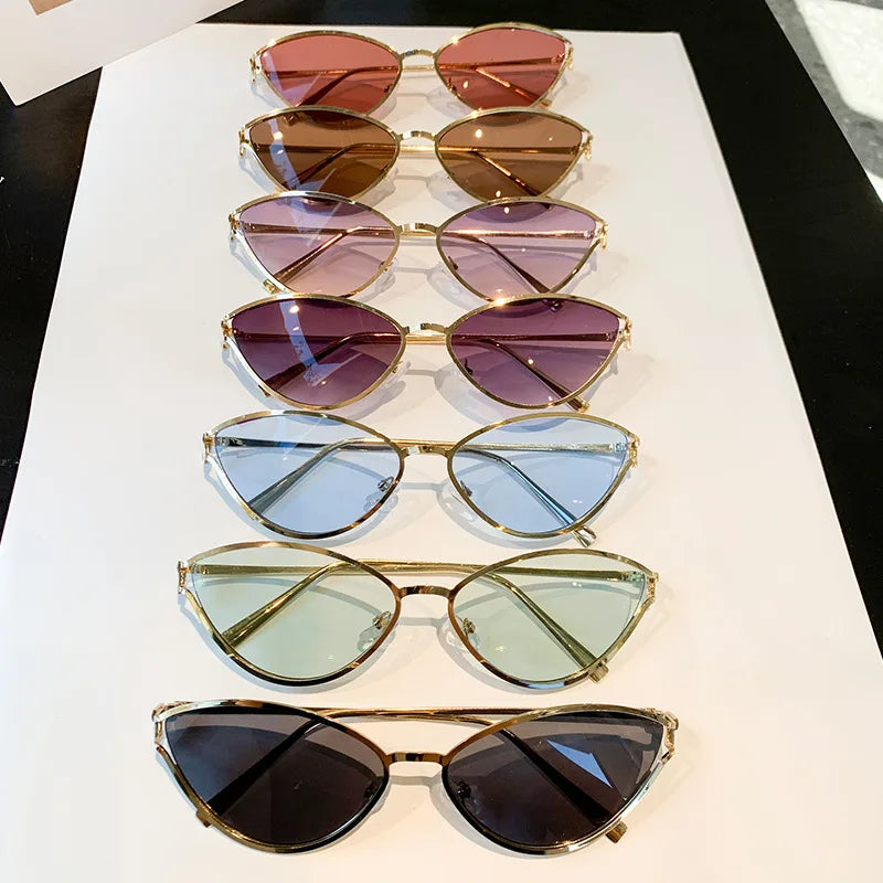 Brand Small Cat Eye Sunglasses Women Luxury 2042 Unique Metal Frame Brown Sun Glasses Trendy UV400 Eyewear Shades Vintage