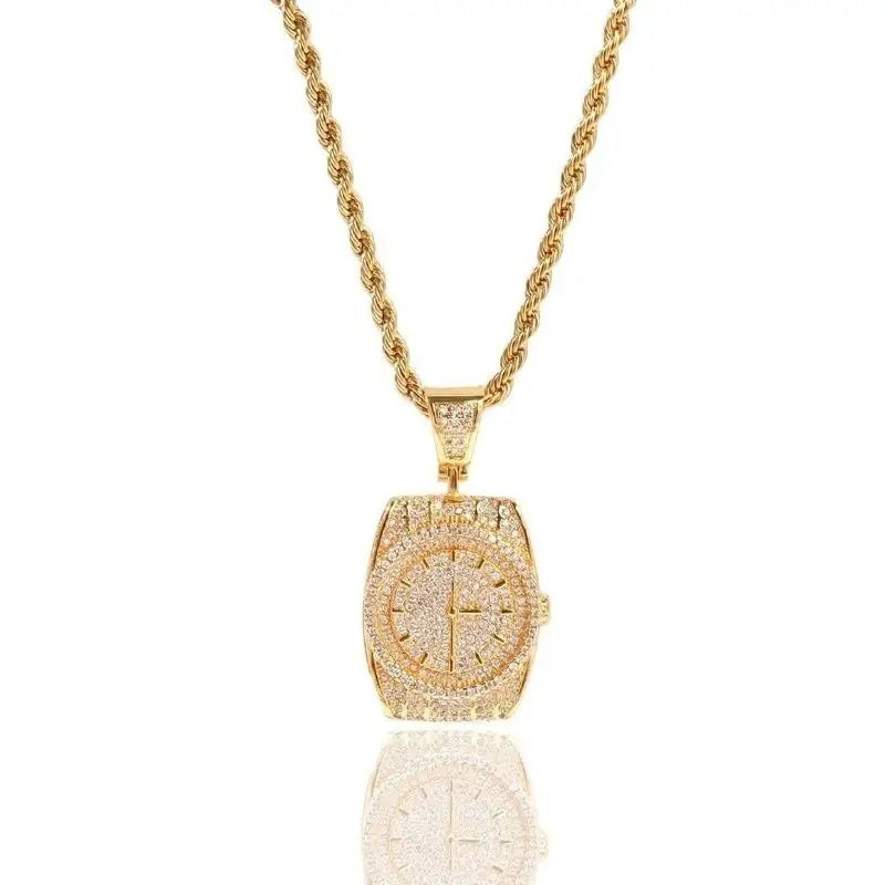 Exquisite Zircon Watch Shape Pendant Necklace Men and Women Trend Hip-Hop Rock Party Jewelry Gift Accessories