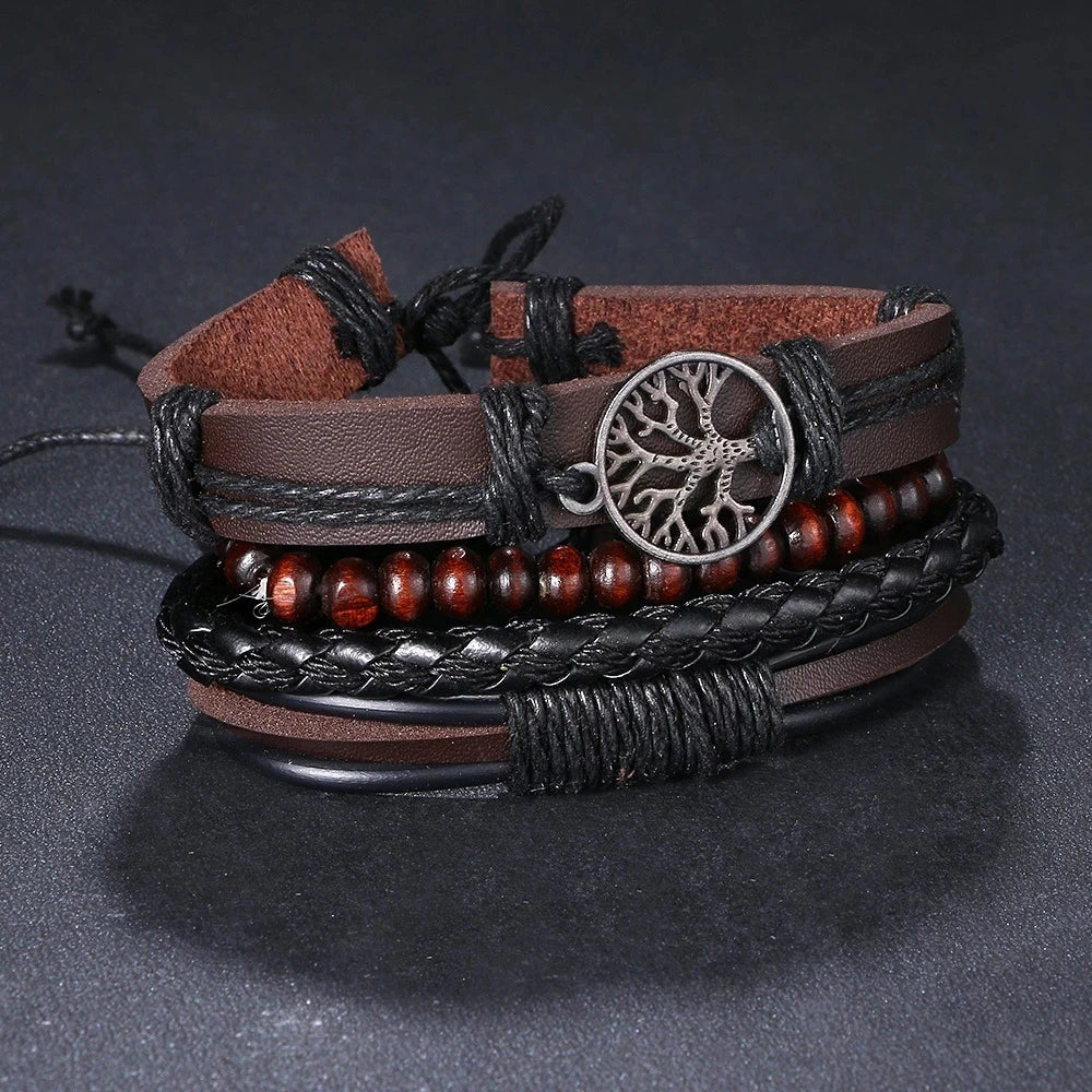 Vintage Black Color Braided Wrap Leather Bracelets for Men Vintage Life Tree Rudder Charm Wood Beads Ethnic Tribal Wristbands