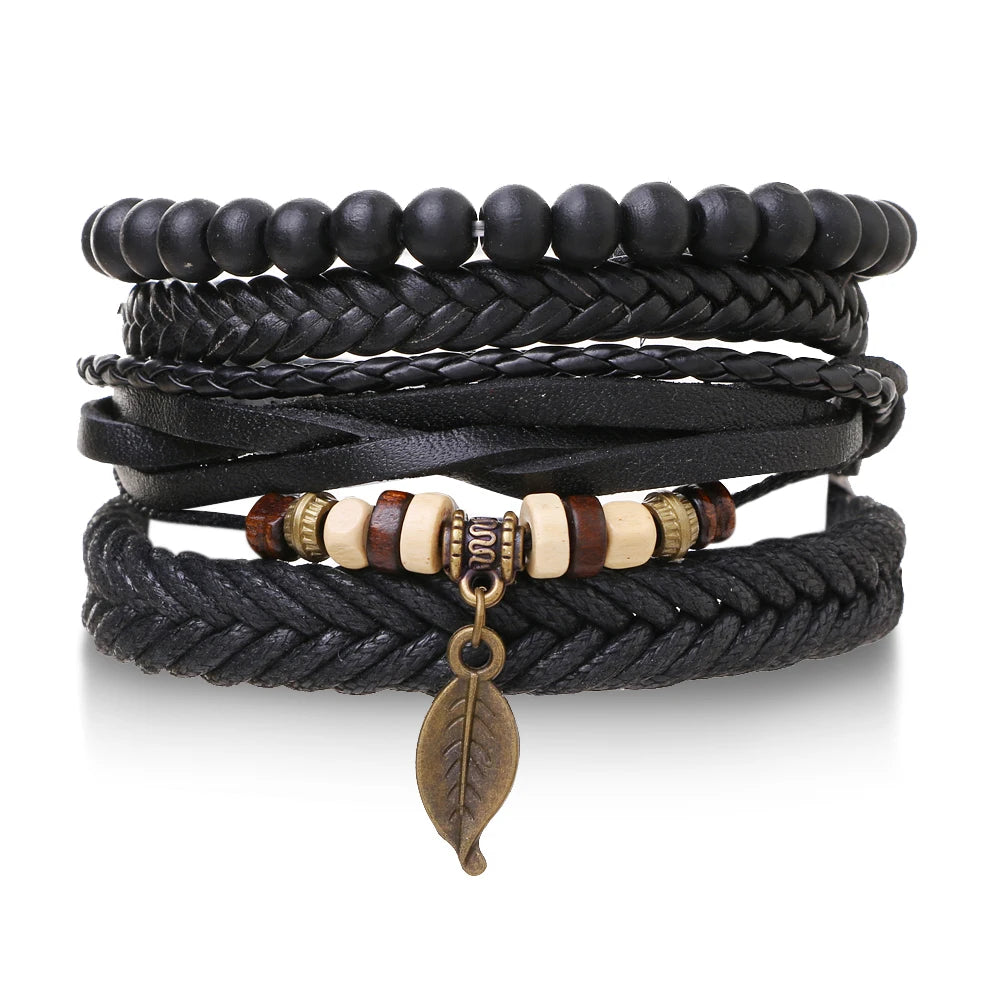 Vintage Black Color Braided Wrap Leather Bracelets for Men Vintage Life Tree Rudder Charm Wood Beads Ethnic Tribal Wristbands