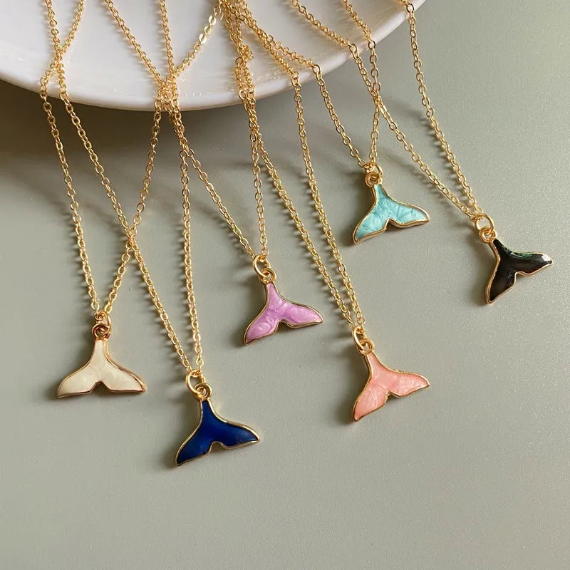 New Fashion Whale Taile Pendant Necklace Blue White Pink Black Color Women Choker Jewelry Gift for Friend Golden Color Necklace