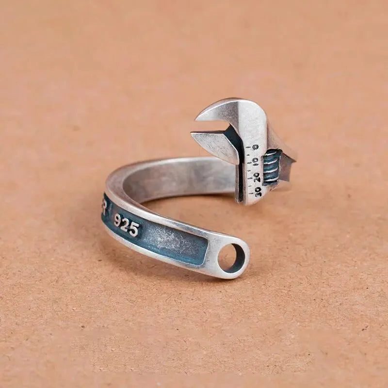 Retro Punk Personalized Wrench-Shaped Open Ring Suitable for Men's Hip-Hop Rock Motorcycle Trend Jewelry Accessories