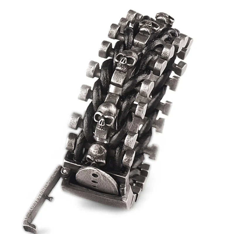 Men's Retro Wide Skull Metal Bracelet Stainless Steel Cuff Belt Buckle Gothic Bracelet Punk Hip Hop Motorcyclist Jewelry Gift