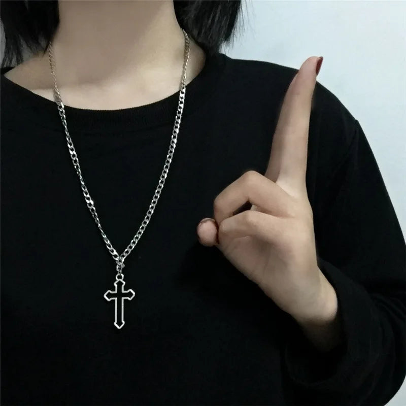 Hollow Cross Pendant Necklace Vintage Gothic  Silver Color Cool Street Style Necklace For Men Women Gift Wholesale Neck Jewelry