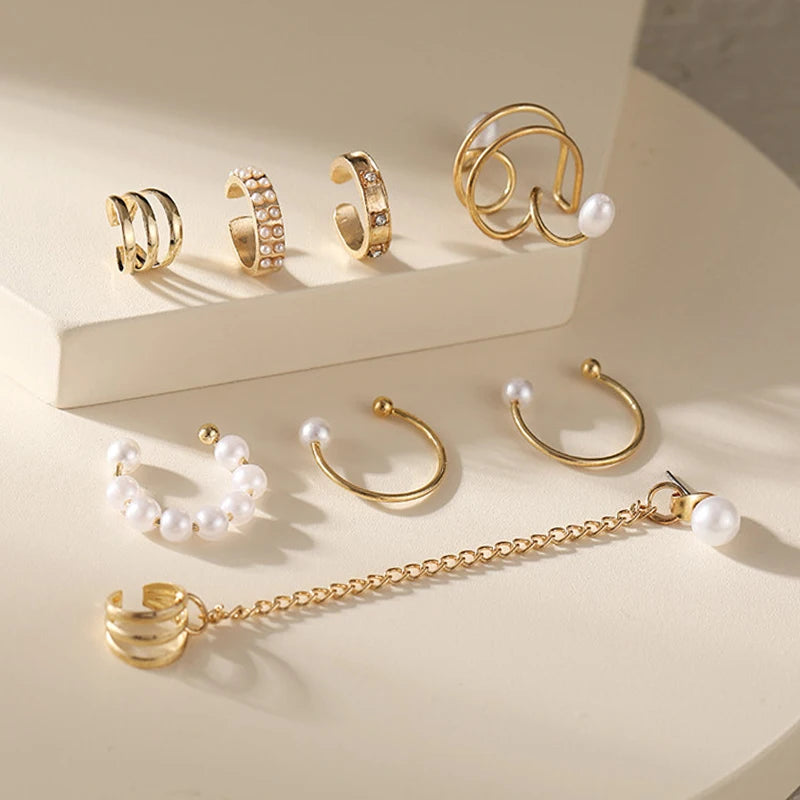 10 Pcs Leaves Clip Earrings for Women Rose Gold Color Creative Simple C Ear Cuff Non-Piercing Ear Clips Set Trend Jewelry Gift