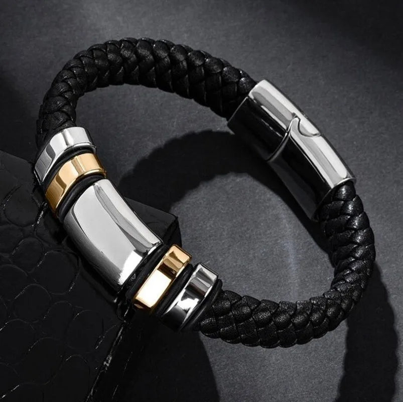 Men\\\\'s Classic Black Leather Bracelet Metal Magnetic Buckle Fashion Bracelet Jewelry Casual Daily All-Match Jewelry