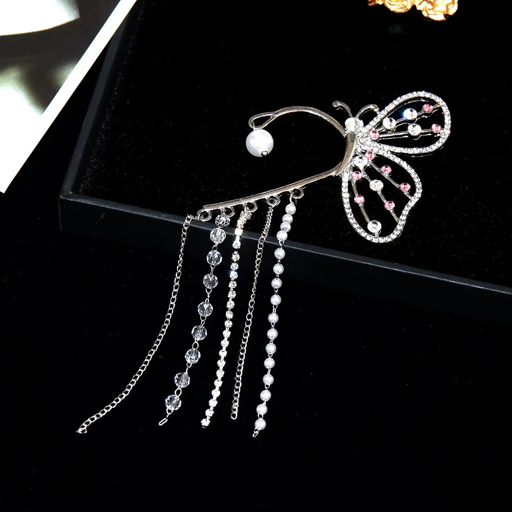 LATS Fashion Crystal Butterfly Clip Earring for Women Pearl Bead Ear Cuff Long Tassels Charm Hollow Earrings Clip Jewelry Gifts