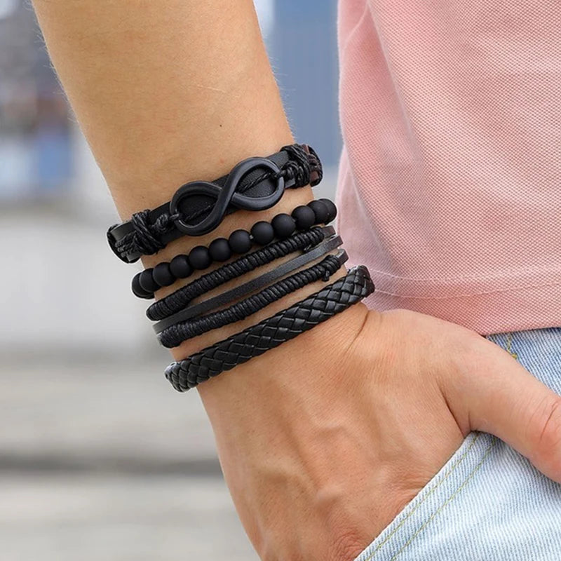 Vintage Black Color Braided Wrap Leather Bracelets for Men Vintage Life Tree Rudder Charm Wood Beads Ethnic Tribal Wristbands