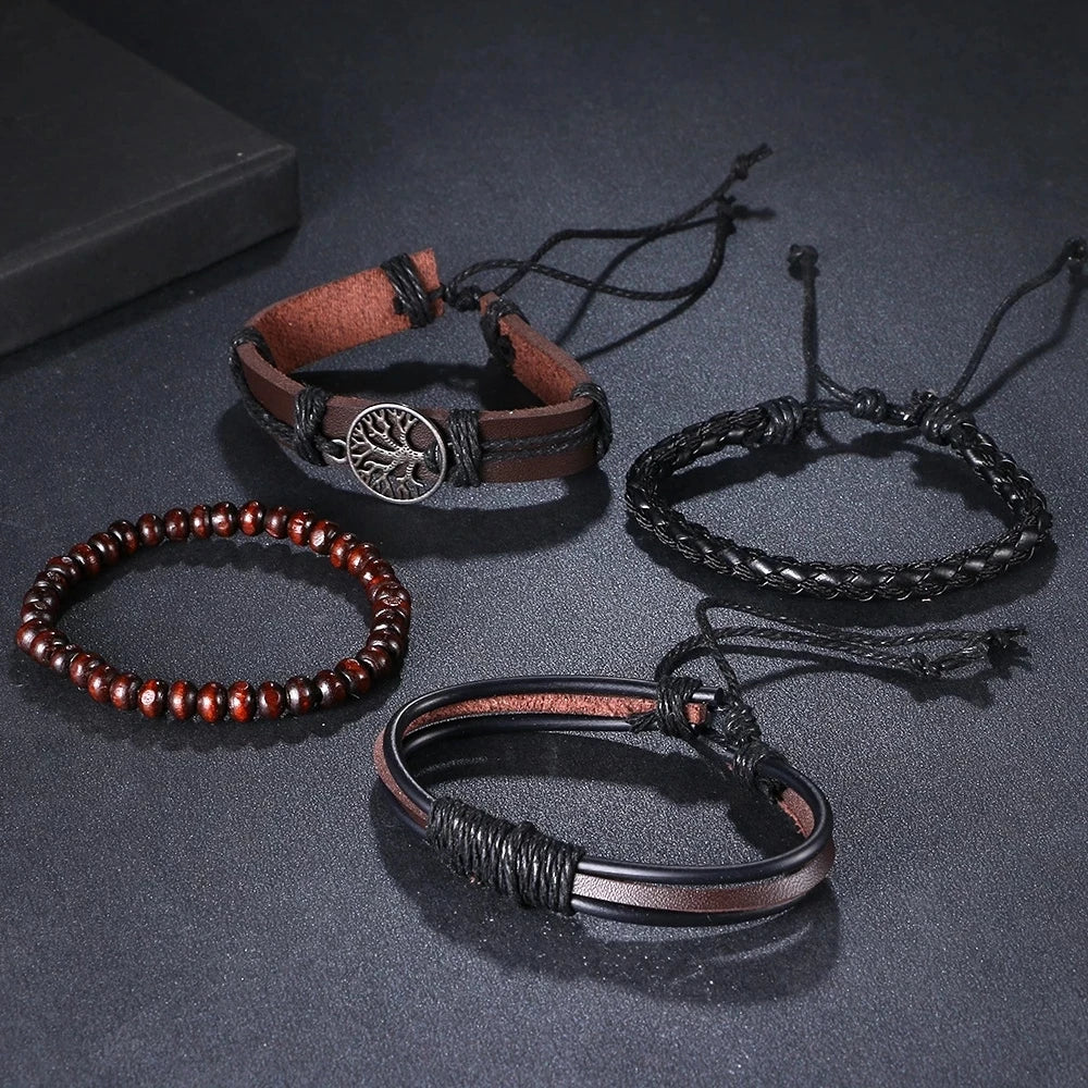 Vintage Black Color Braided Wrap Leather Bracelets for Men Vintage Life Tree Rudder Charm Wood Beads Ethnic Tribal Wristbands