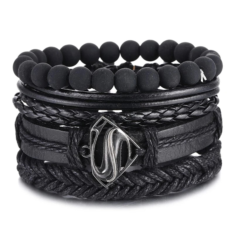 Vintage Black Color Braided Wrap Leather Bracelets for Men Vintage Life Tree Rudder Charm Wood Beads Ethnic Tribal Wristbands