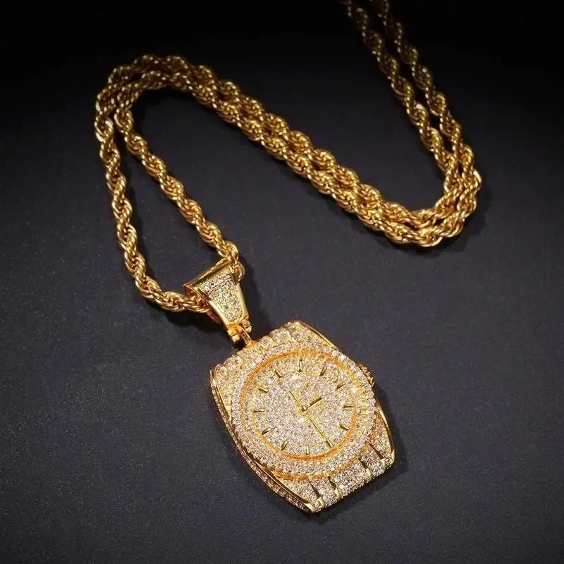 Exquisite Zircon Watch Shape Pendant Necklace Men and Women Trend Hip-Hop Rock Party Jewelry Gift Accessories