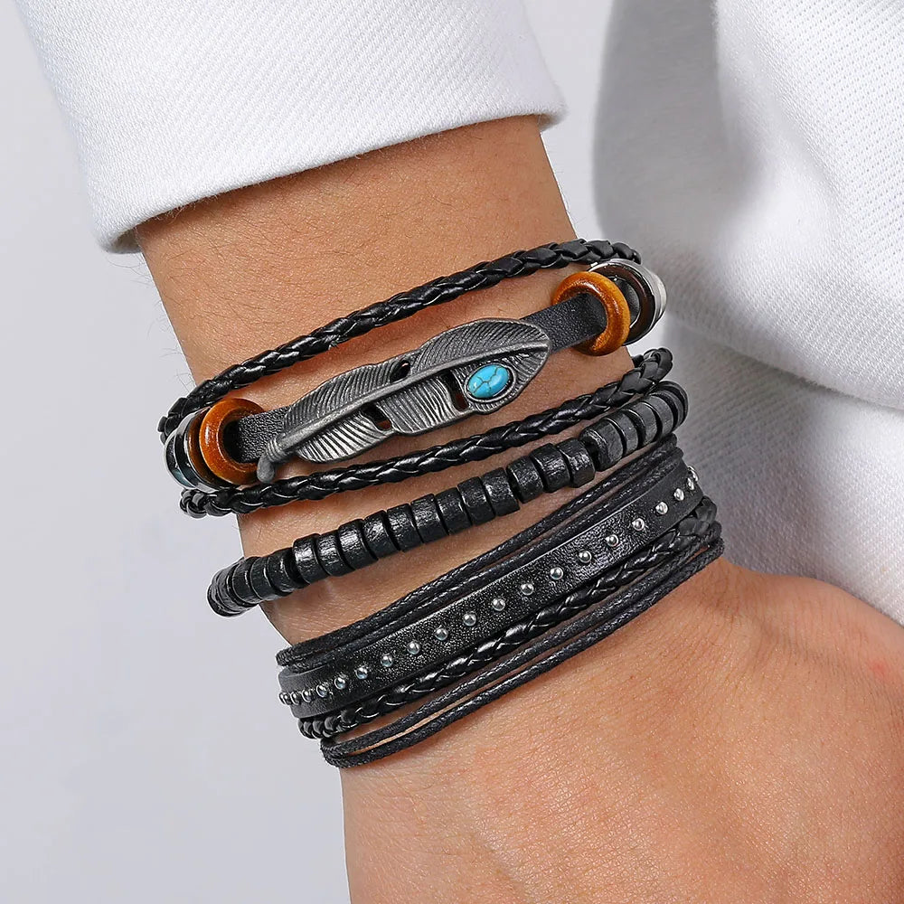 Vintage Black Color Braided Wrap Leather Bracelets for Men Vintage Life Tree Rudder Charm Wood Beads Ethnic Tribal Wristbands