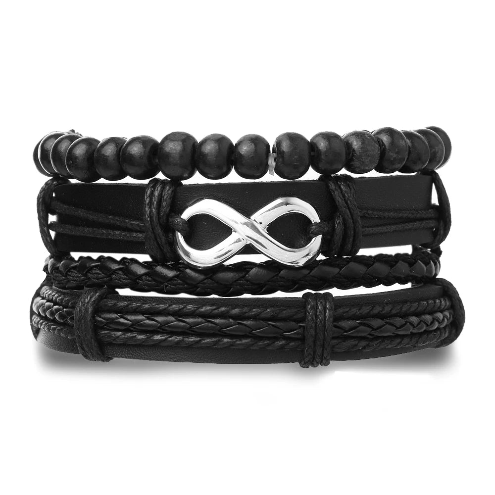 Vintage Black Color Braided Wrap Leather Bracelets for Men Vintage Life Tree Rudder Charm Wood Beads Ethnic Tribal Wristbands