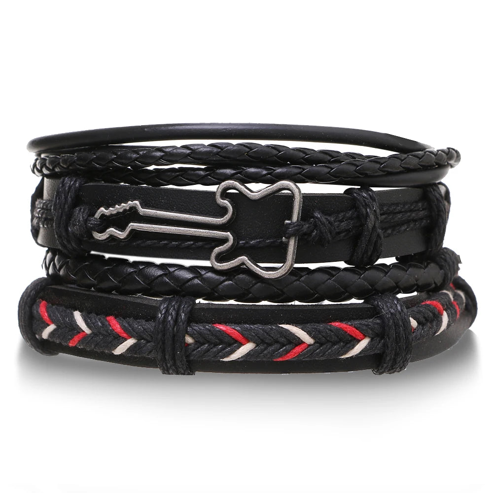 Vintage Black Color Braided Wrap Leather Bracelets for Men Vintage Life Tree Rudder Charm Wood Beads Ethnic Tribal Wristbands