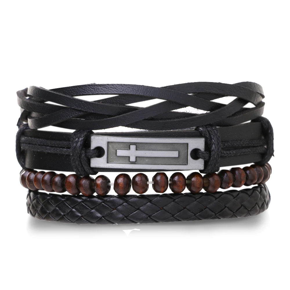 Vintage Black Color Braided Wrap Leather Bracelets for Men Vintage Life Tree Rudder Charm Wood Beads Ethnic Tribal Wristbands