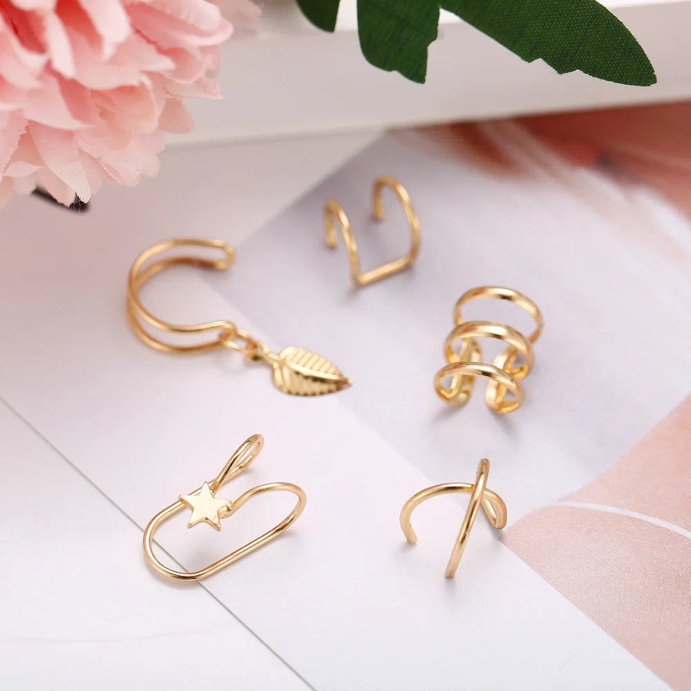 10 Pcs Leaves Clip Earrings for Women Rose Gold Color Creative Simple C Ear Cuff Non-Piercing Ear Clips Set Trend Jewelry Gift