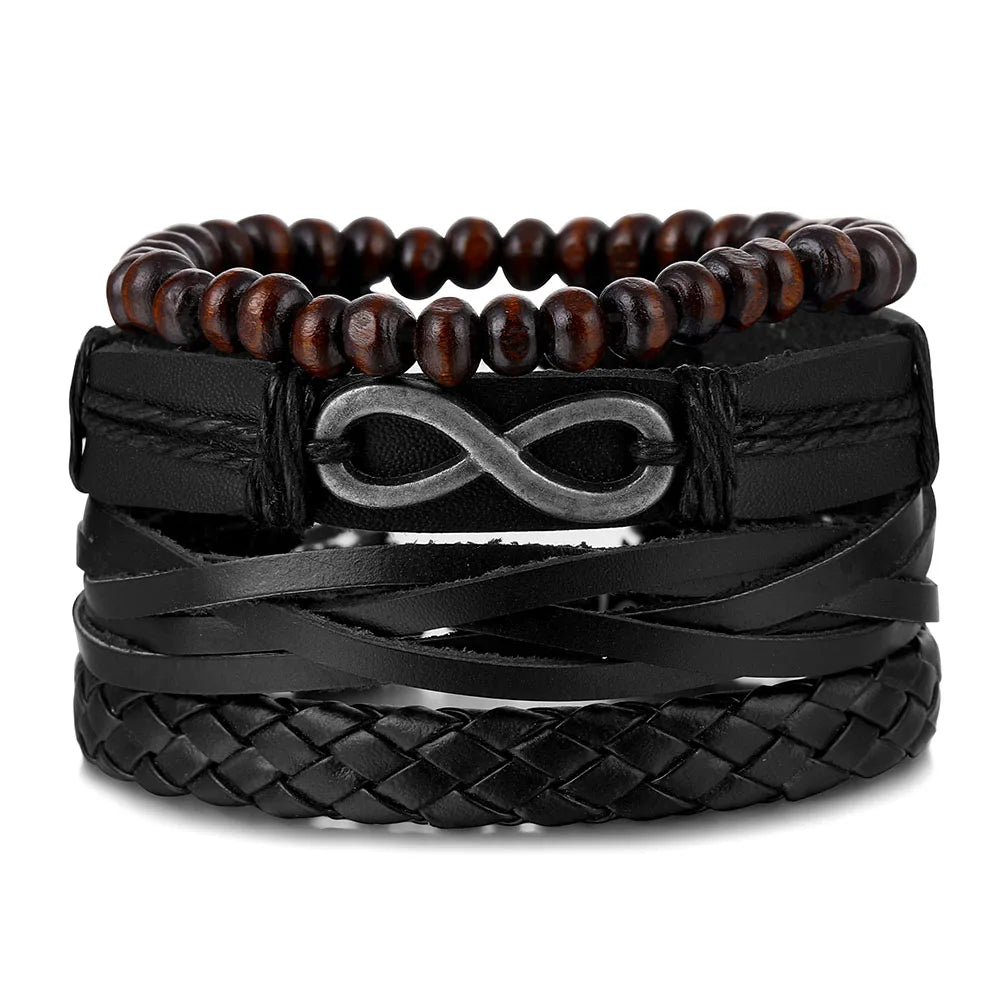 Vintage Black Color Braided Wrap Leather Bracelets for Men Vintage Life Tree Rudder Charm Wood Beads Ethnic Tribal Wristbands