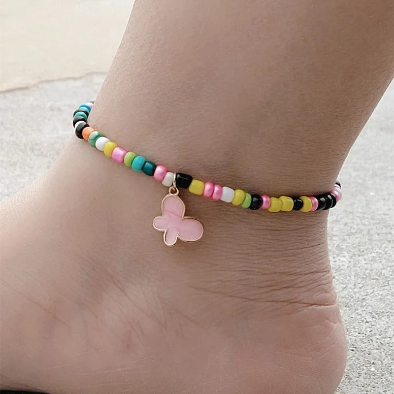 Vintage Colorful Beads Anklet for Women Bracelet on The Leg Butterfly Black White  Ankle Chain Beach Foot Jewelry Dropshipping
