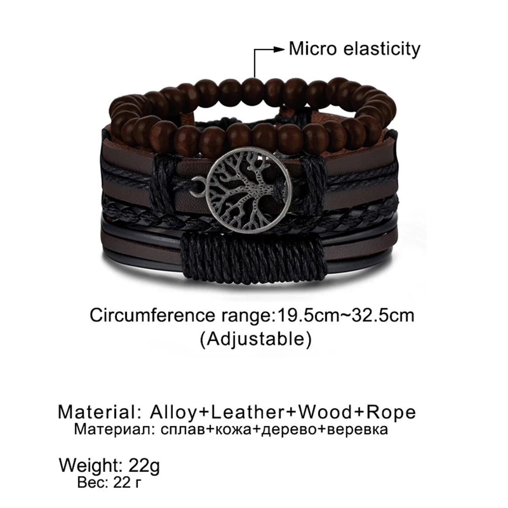 Vintage Black Color Braided Wrap Leather Bracelets for Men Vintage Life Tree Rudder Charm Wood Beads Ethnic Tribal Wristbands