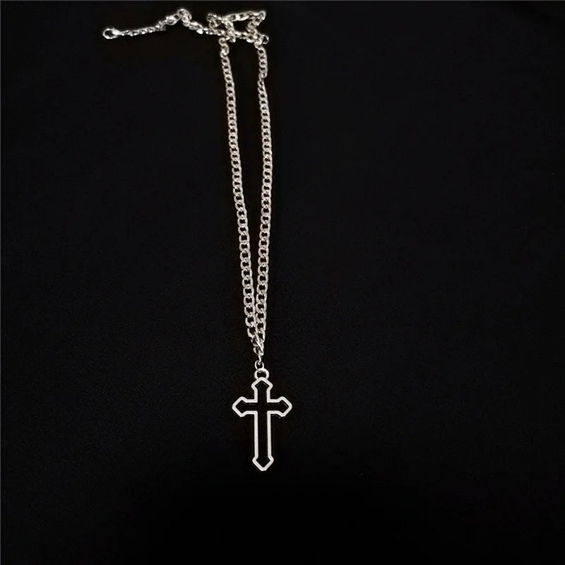 Hollow Cross Pendant Necklace Vintage Gothic  Silver Color Cool Street Style Necklace For Men Women Gift Wholesale Neck Jewelry