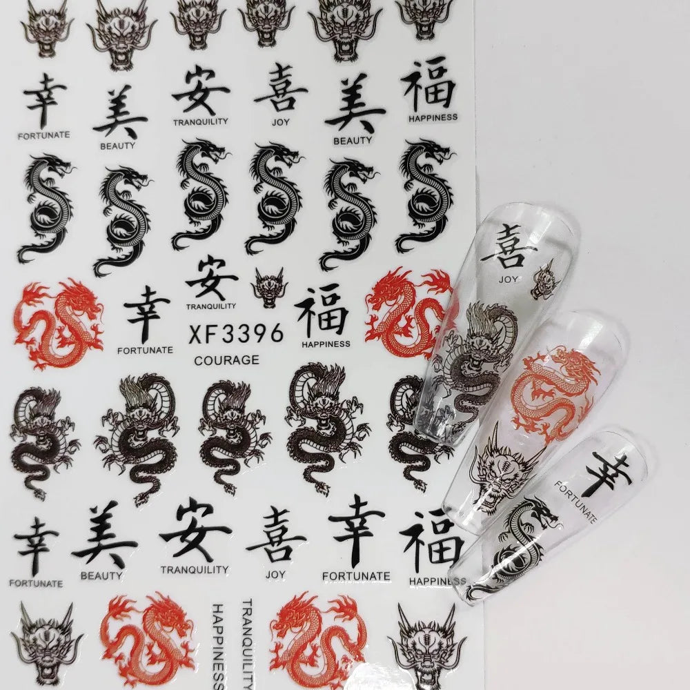 3D Chinese Red Black Dragon Manicure Decor Stickers Snake Nail Sticker DIY Self Adhesive Nail Decals Acrylic Nail Art Decoration
