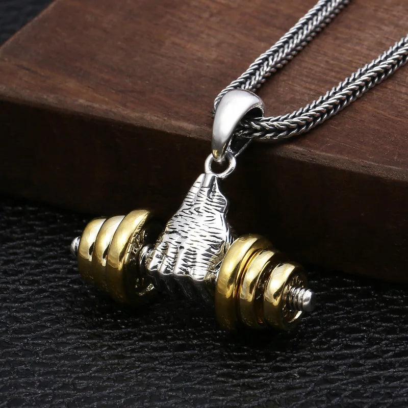 Men\\\\'s Fashion Classic Design Fitness Master Hand-Held Dumbbell Pendant Hip Hop Rapper Prom Party Necklace