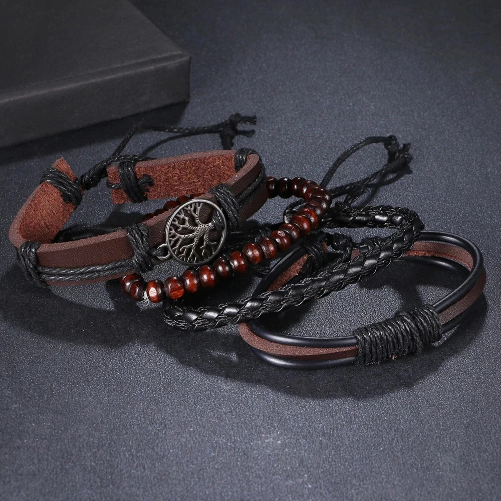Vintage Black Color Braided Wrap Leather Bracelets for Men Vintage Life Tree Rudder Charm Wood Beads Ethnic Tribal Wristbands