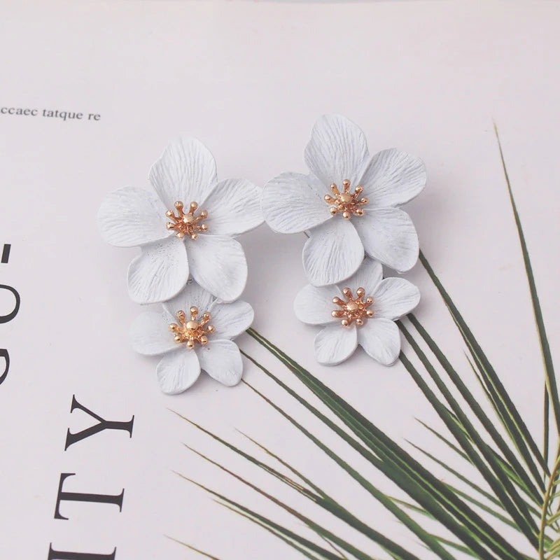 Korean New Double-layers Flower Drop Earrings for Ladies Exaggerated Women Floral Earrings Fashion Jewelry aretes de mujer
