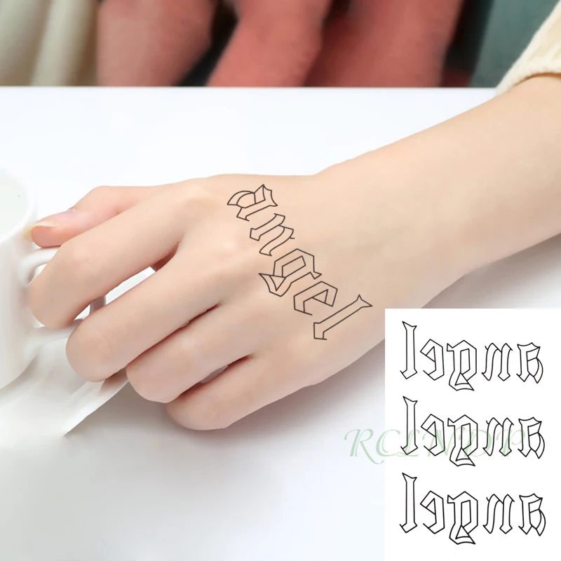 Waterproof Temporary Tattoo Sticker Black Word "angel " English Letters Flash Tatoo Fake Tatto Neck Wrist for Woman Men