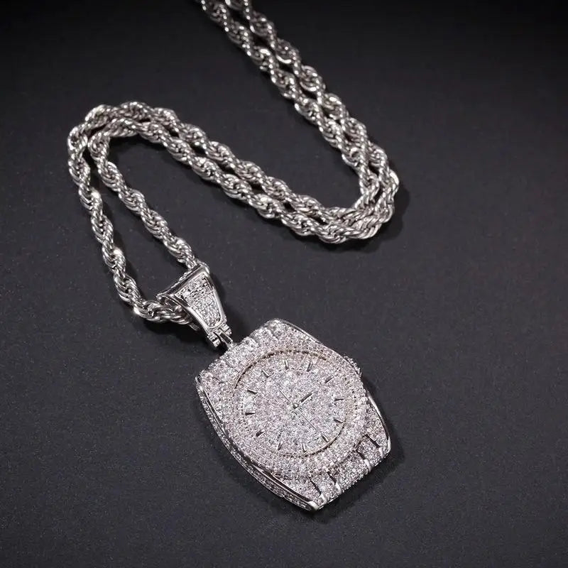 Exquisite Zircon Watch Shape Pendant Necklace Men and Women Trend Hip-Hop Rock Party Jewelry Gift Accessories