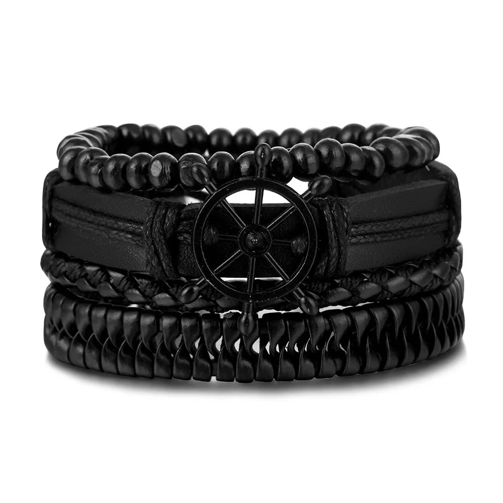 Vintage Black Color Braided Wrap Leather Bracelets for Men Vintage Life Tree Rudder Charm Wood Beads Ethnic Tribal Wristbands