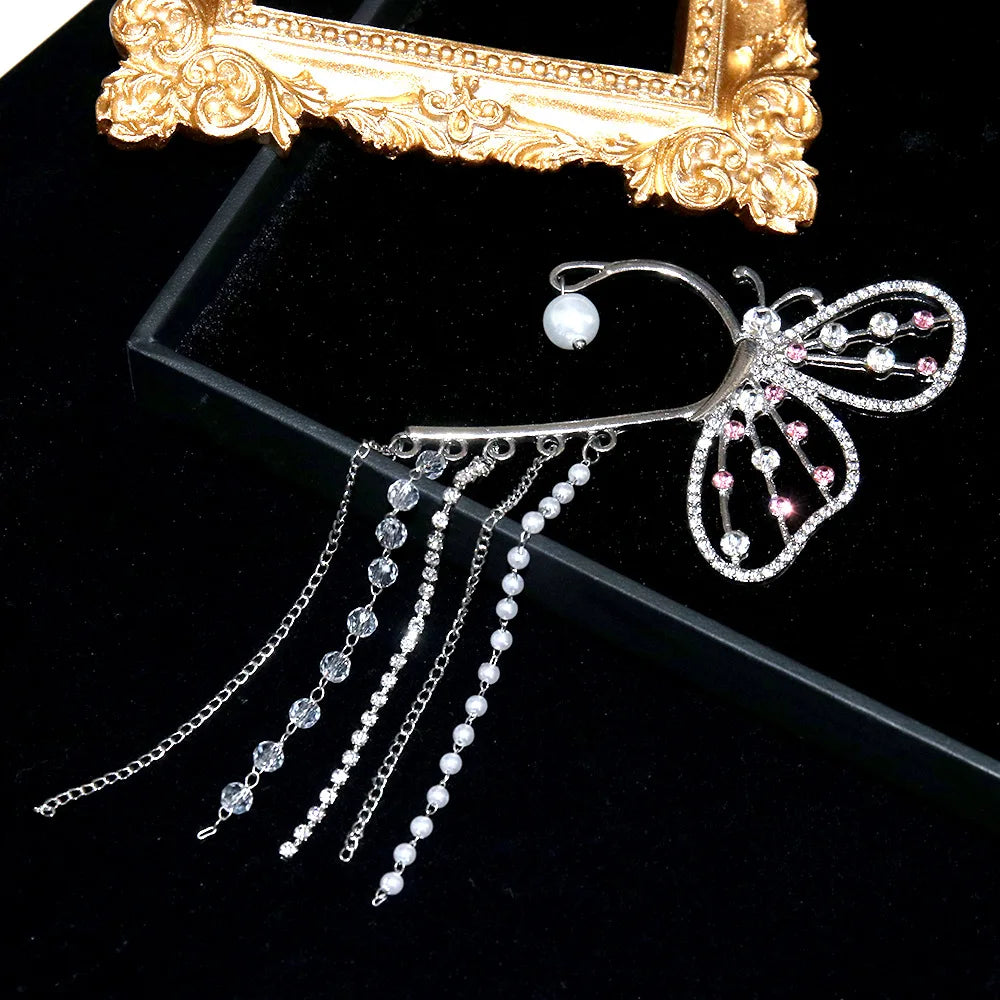 LATS Fashion Crystal Butterfly Clip Earring for Women Pearl Bead Ear Cuff Long Tassels Charm Hollow Earrings Clip Jewelry Gifts