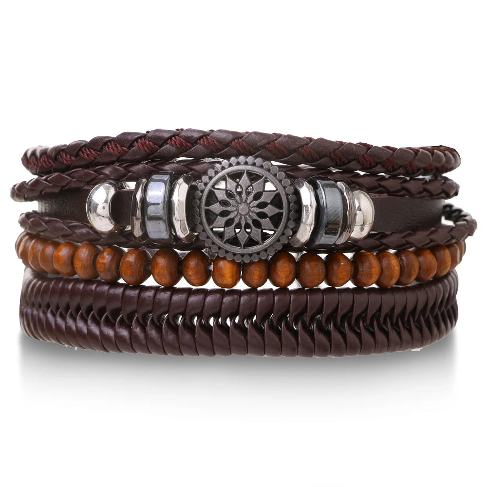 Vintage Black Color Braided Wrap Leather Bracelets for Men Vintage Life Tree Rudder Charm Wood Beads Ethnic Tribal Wristbands