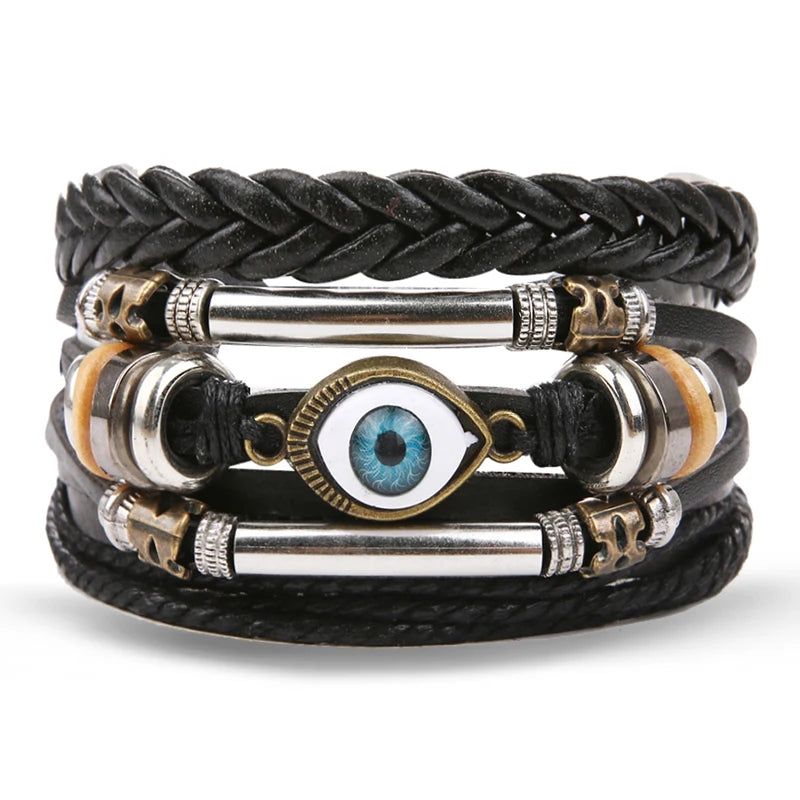 Vintage Black Color Braided Wrap Leather Bracelets for Men Vintage Life Tree Rudder Charm Wood Beads Ethnic Tribal Wristbands