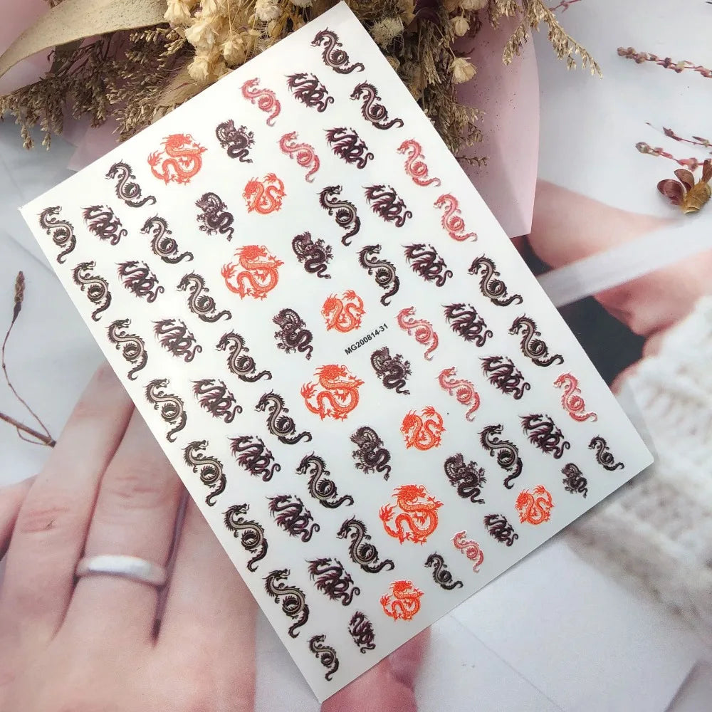 3D Chinese Red Black Dragon Manicure Decor Stickers Snake Nail Sticker DIY Self Adhesive Nail Decals Acrylic Nail Art Decoration