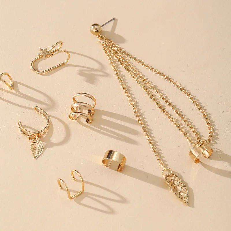 10 Pcs Leaves Clip Earrings for Women Rose Gold Color Creative Simple C Ear Cuff Non-Piercing Ear Clips Set Trend Jewelry Gift