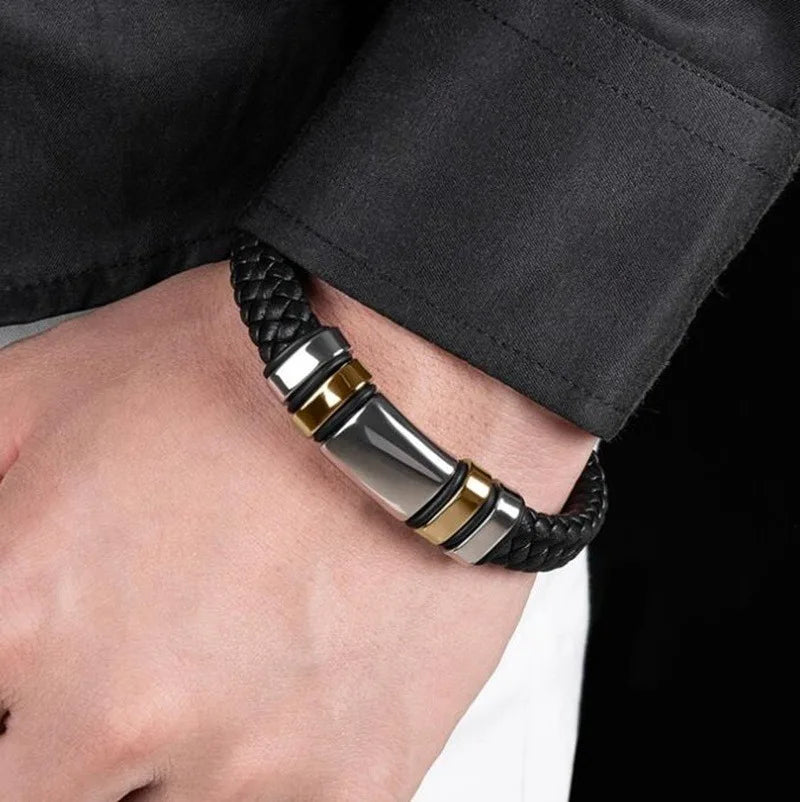 Men\\\\'s Classic Black Leather Bracelet Metal Magnetic Buckle Fashion Bracelet Jewelry Casual Daily All-Match Jewelry