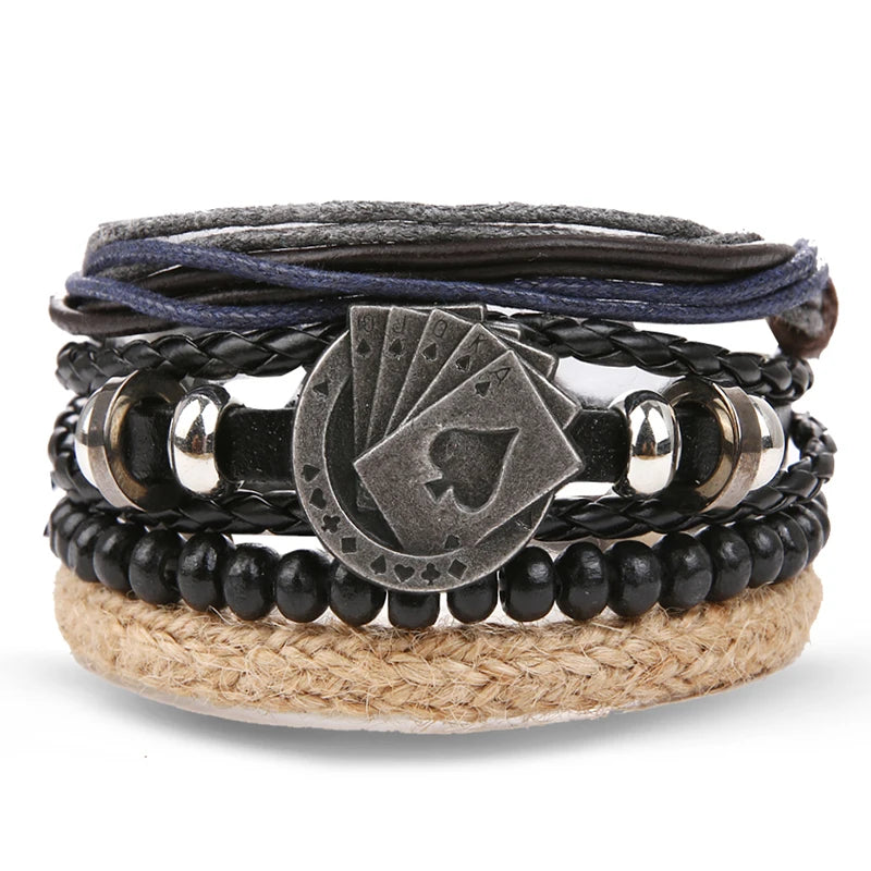 Vintage Black Color Braided Wrap Leather Bracelets for Men Vintage Life Tree Rudder Charm Wood Beads Ethnic Tribal Wristbands