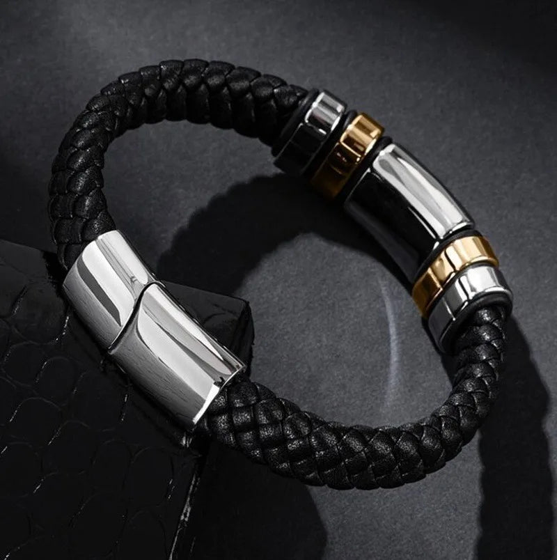 Men\\\\'s Classic Black Leather Bracelet Metal Magnetic Buckle Fashion Bracelet Jewelry Casual Daily All-Match Jewelry