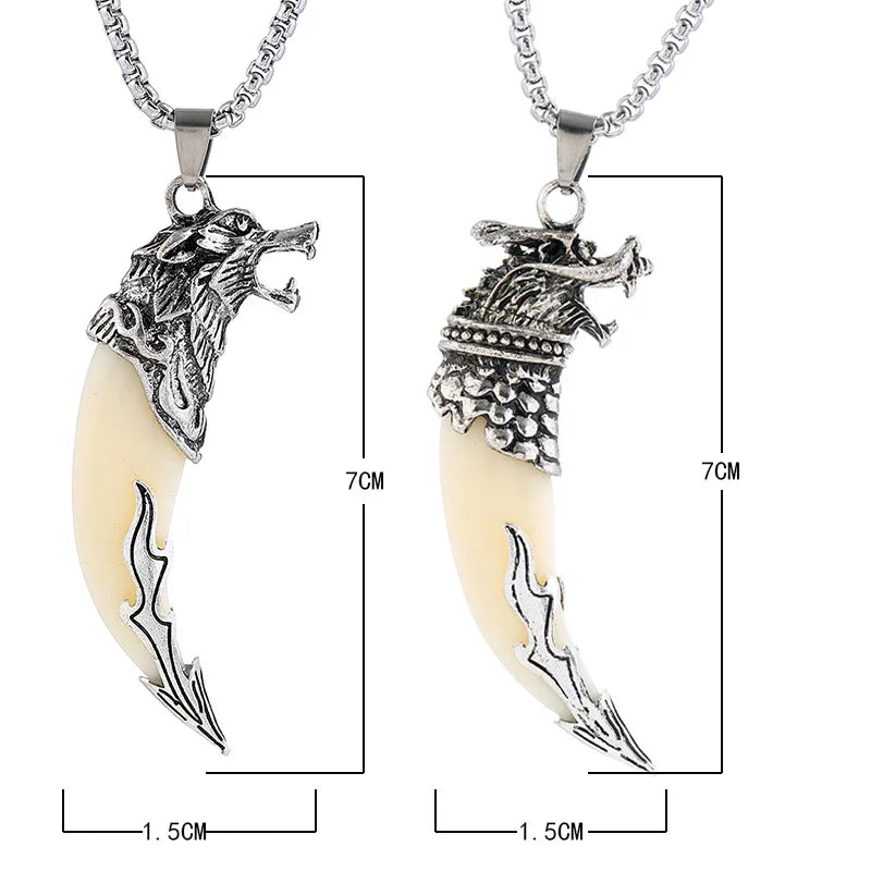 Retro domineering wolf tooth pendant necklace suitable for men's personalized ethnic style punk rock motorcycle jewelry gifts