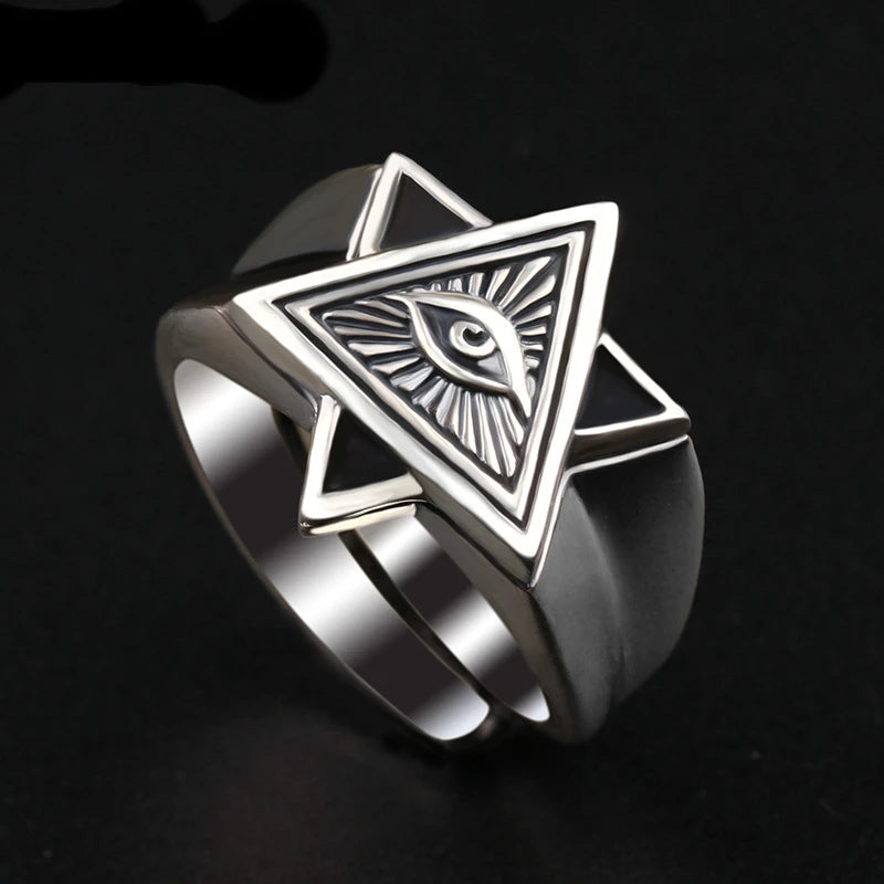 Retro Poseidon Compass Ring Silver-Plated Hexagram Opening Adjustable Ring Men and Women Hip-Hop Trend Jewelry Gift