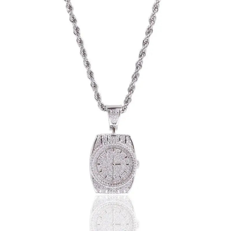 Exquisite Zircon Watch Shape Pendant Necklace Men and Women Trend Hip-Hop Rock Party Jewelry Gift Accessories