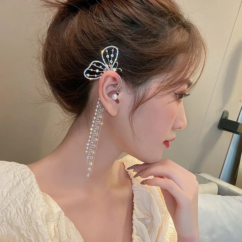 LATS Fashion Crystal Butterfly Clip Earring for Women Pearl Bead Ear Cuff Long Tassels Charm Hollow Earrings Clip Jewelry Gifts