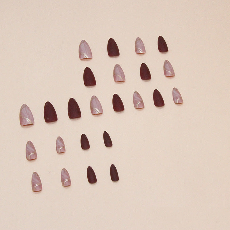 24pcs winter fall leaves brown black false nails with almond French artificial nails with glue short stiletto fake press on nail