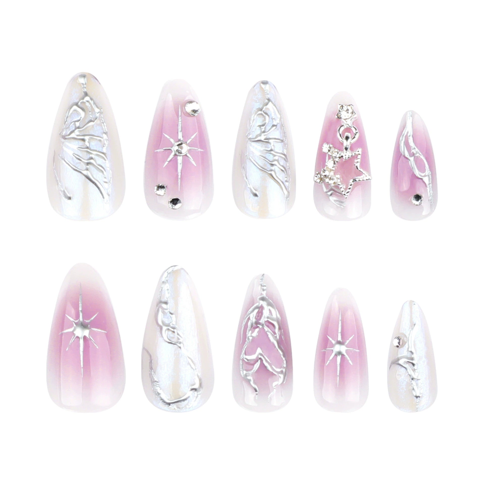 24Pcs Sweet Spice Girl Almond Press on Fake Nails Sun Star Eye False Nails Full Cover Gold Chrome Powder Artificial Nail Art Tip