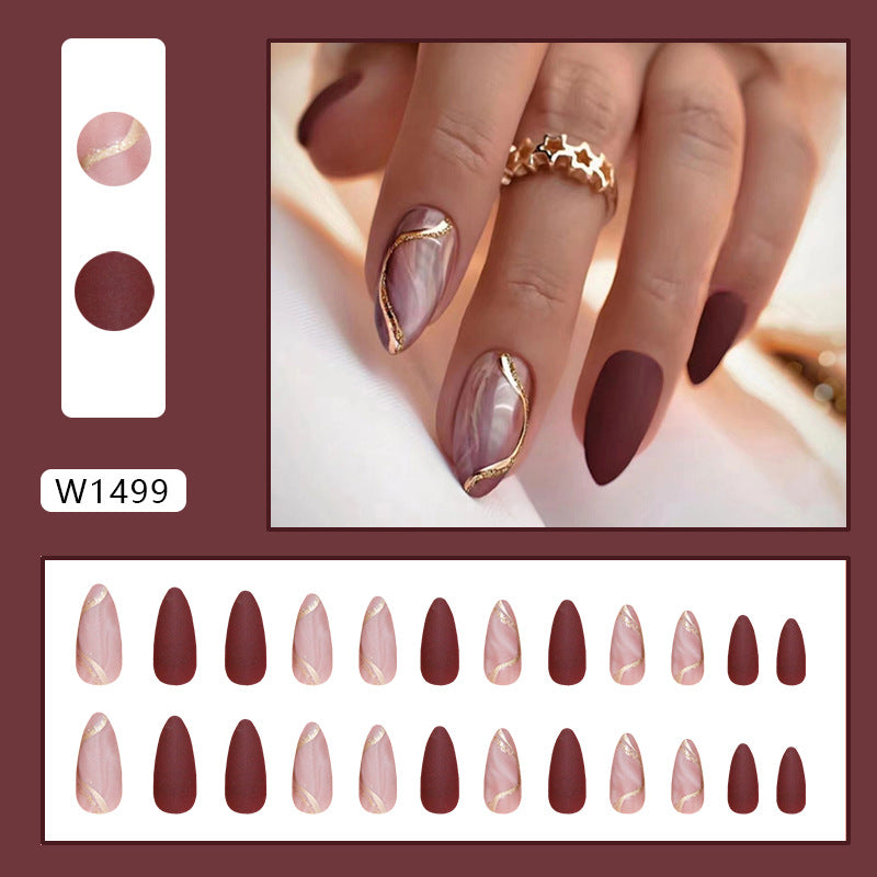 24pcs winter fall leaves brown black false nails with almond French artificial nails with glue short stiletto fake press on nail