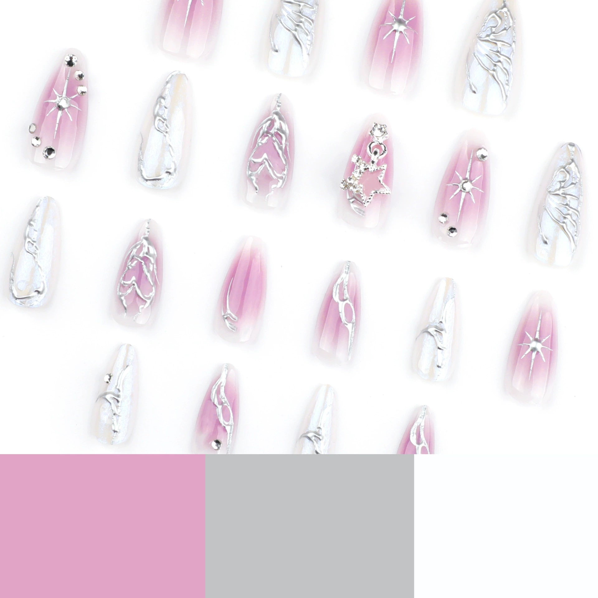 24Pcs Sweet Spice Girl Almond Press on Fake Nails Sun Star Eye False Nails Full Cover Gold Chrome Powder Artificial Nail Art Tip