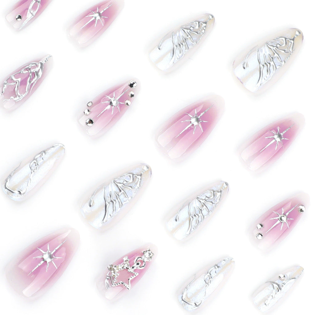 24Pcs Sweet Spice Girl Almond Press on Fake Nails Sun Star Eye False Nails Full Cover Gold Chrome Powder Artificial Nail Art Tip