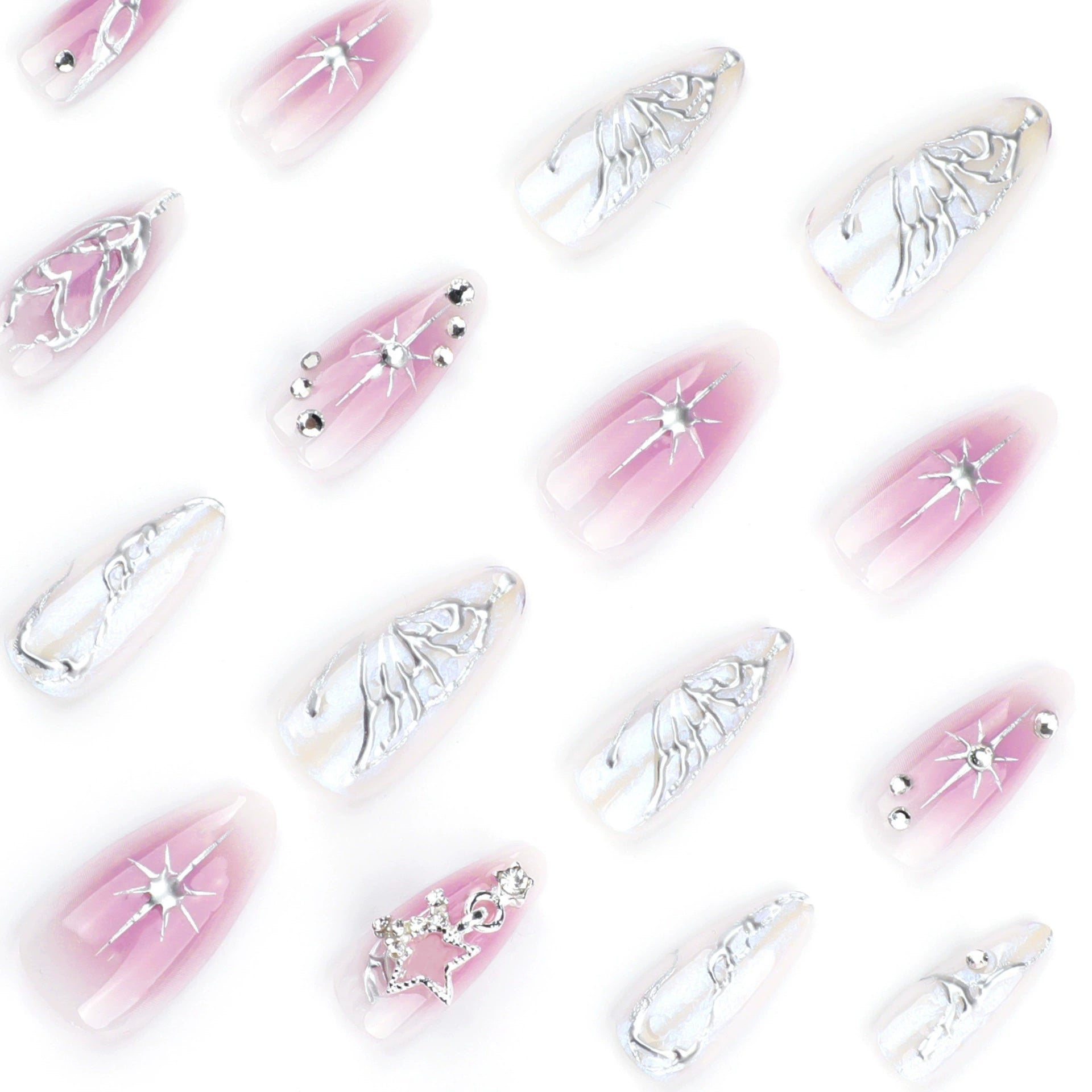 24Pcs Sweet Spice Girl Almond Press on Fake Nails Sun Star Eye False Nails Full Cover Gold Chrome Powder Artificial Nail Art Tip